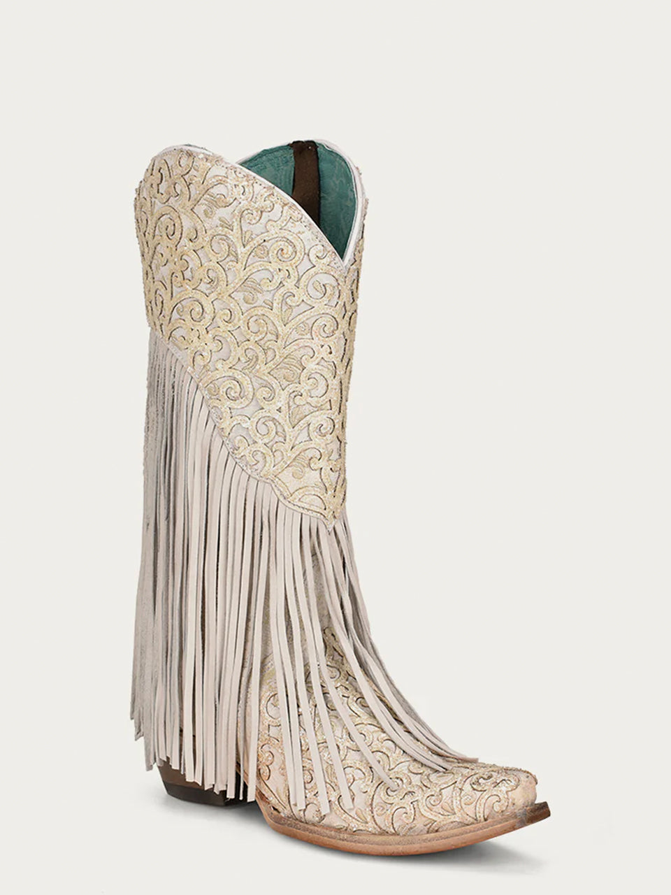 Women's Corral White Genuine Lamb Leather Boots with Overlay & Embroidery & Fringes