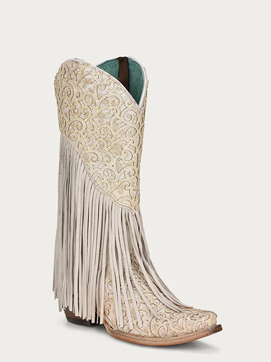 Women's Corral White Genuine Lamb Leather Boots with Overlay & Embroidery & Fringes