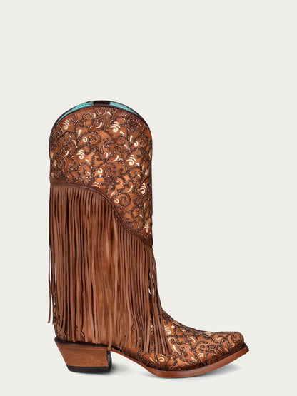 Women's Corral Honey Genuine Lamb Leather Boots with Overlay & Embroidery & Fringes