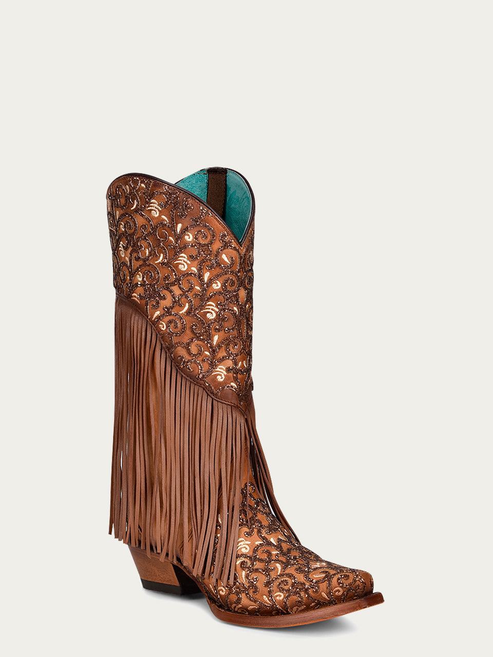 Women's Corral Honey Genuine Lamb Leather Boots with Overlay & Embroidery & Fringes