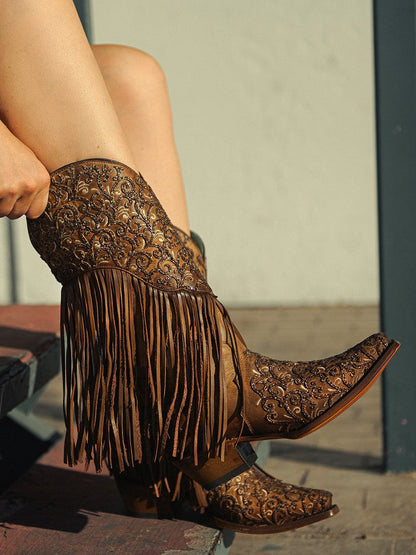 Women's Corral Honey Genuine Lamb Leather Boots with Overlay & Embroidery & Fringes