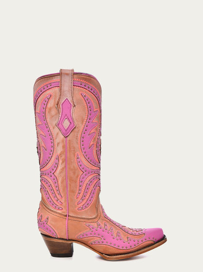 Women's Corral Pink Genuine Leather Boots with Overlay & Fluorescent Embroidery & Studs - Neon Black Light