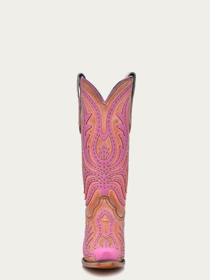 Women's Corral Pink Genuine Leather Boots with Overlay & Fluorescent Embroidery & Studs - Neon Black Light
