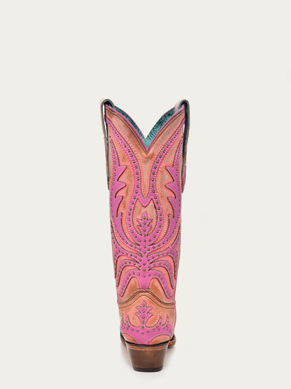 Women's Corral Pink Genuine Leather Boots with Overlay & Fluorescent Embroidery & Studs - Neon Black Light