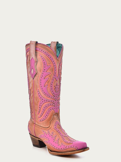Women's Corral Pink Genuine Leather Boots with Overlay & Fluorescent Embroidery & Studs - Neon Black Light