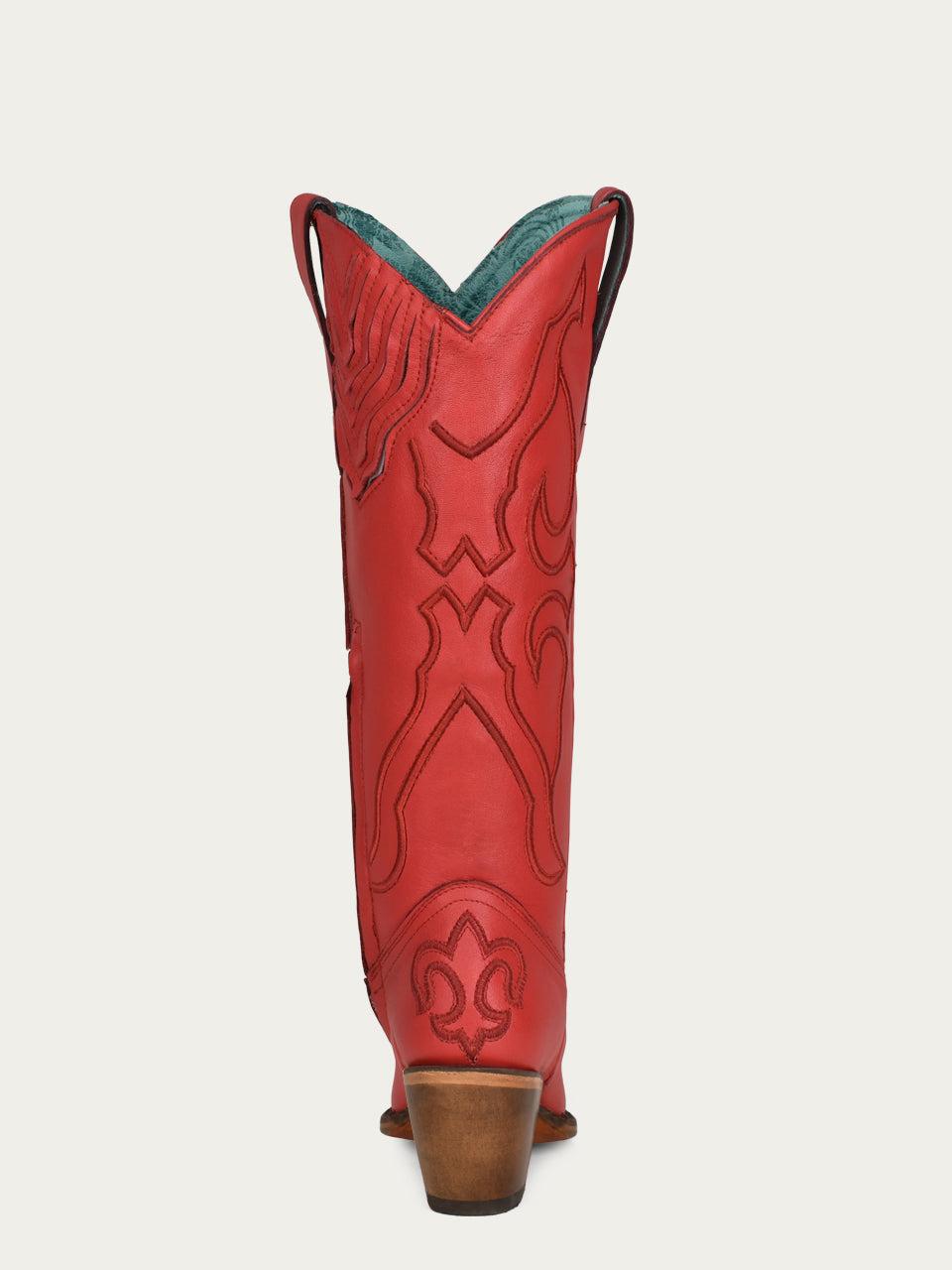 Women's Corral Red Genuine Leather Boots with Tall Top Matching Stitch Pattern & Inlay Pullstraps