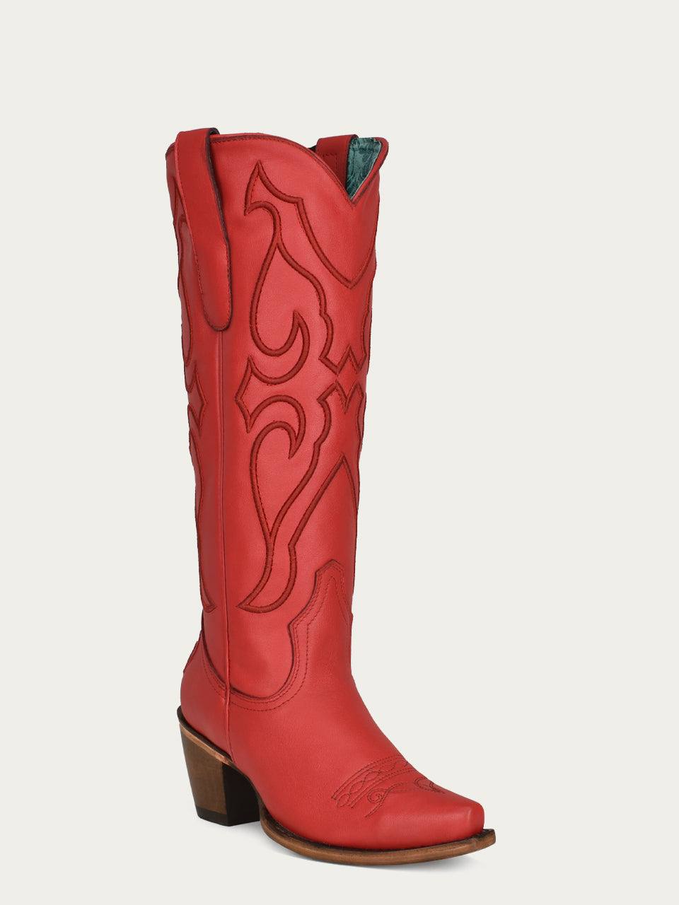 Women's Corral Red Genuine Leather Boots with Tall Top Matching Stitch Pattern & Inlay Pullstraps