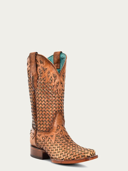 Women's Corral Sand Genuine Leather Boots with Glitter Woven & Overlay