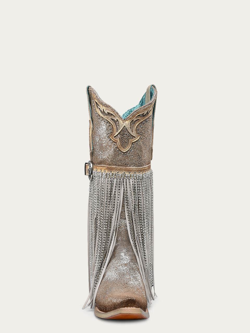 Women's Corral Silver Genuine Leather Boots with Gold Metallized Leather & Harness & Studs & Fringes & Overlay & Crystals