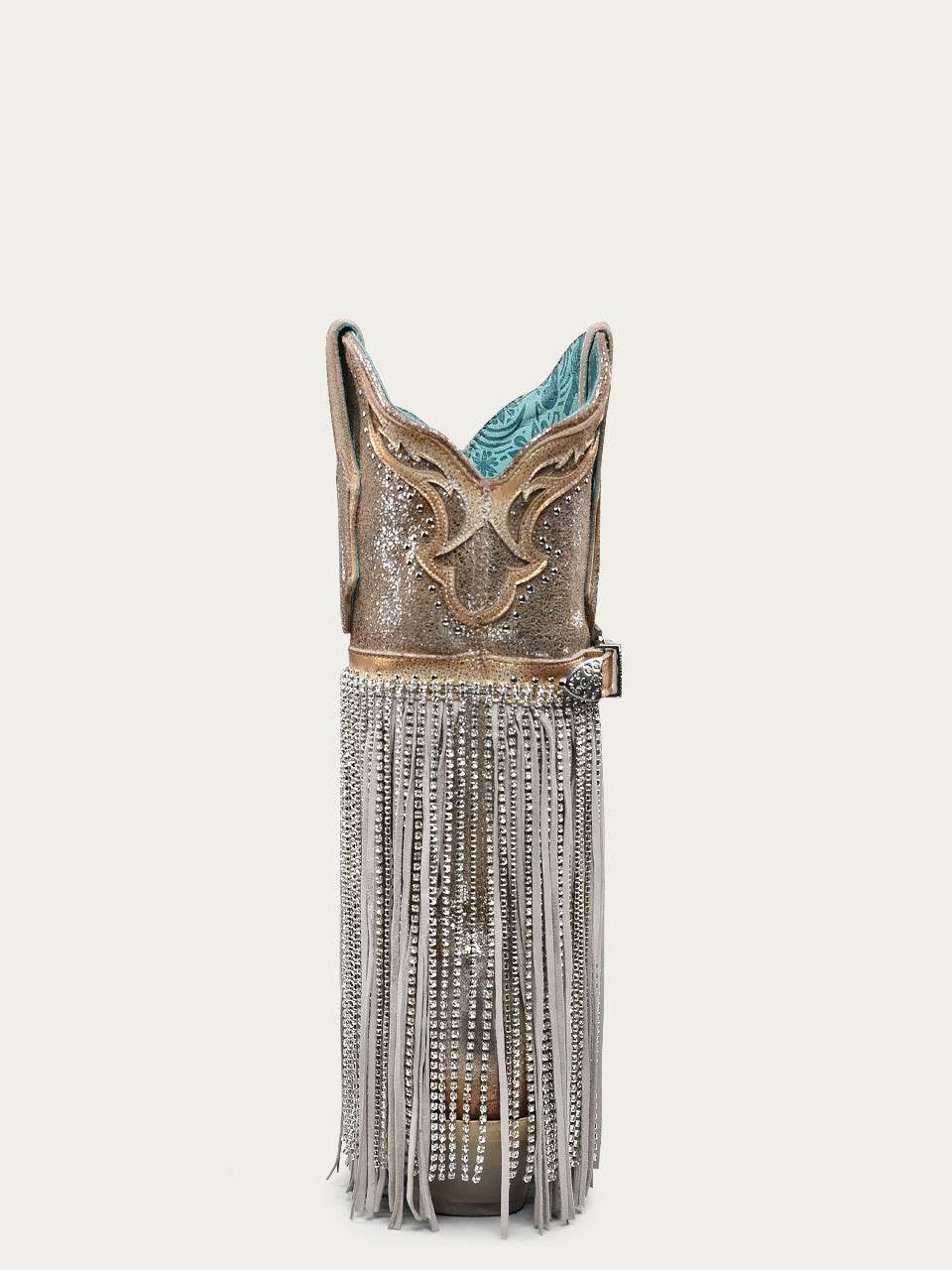 Women's Corral Silver Genuine Leather Boots with Gold Metallized Leather & Harness & Studs & Fringes & Overlay & Crystals