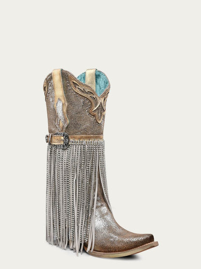 Women's Corral Silver Genuine Leather Boots with Gold Metallized Leather & Harness & Studs & Fringes & Overlay & Crystals