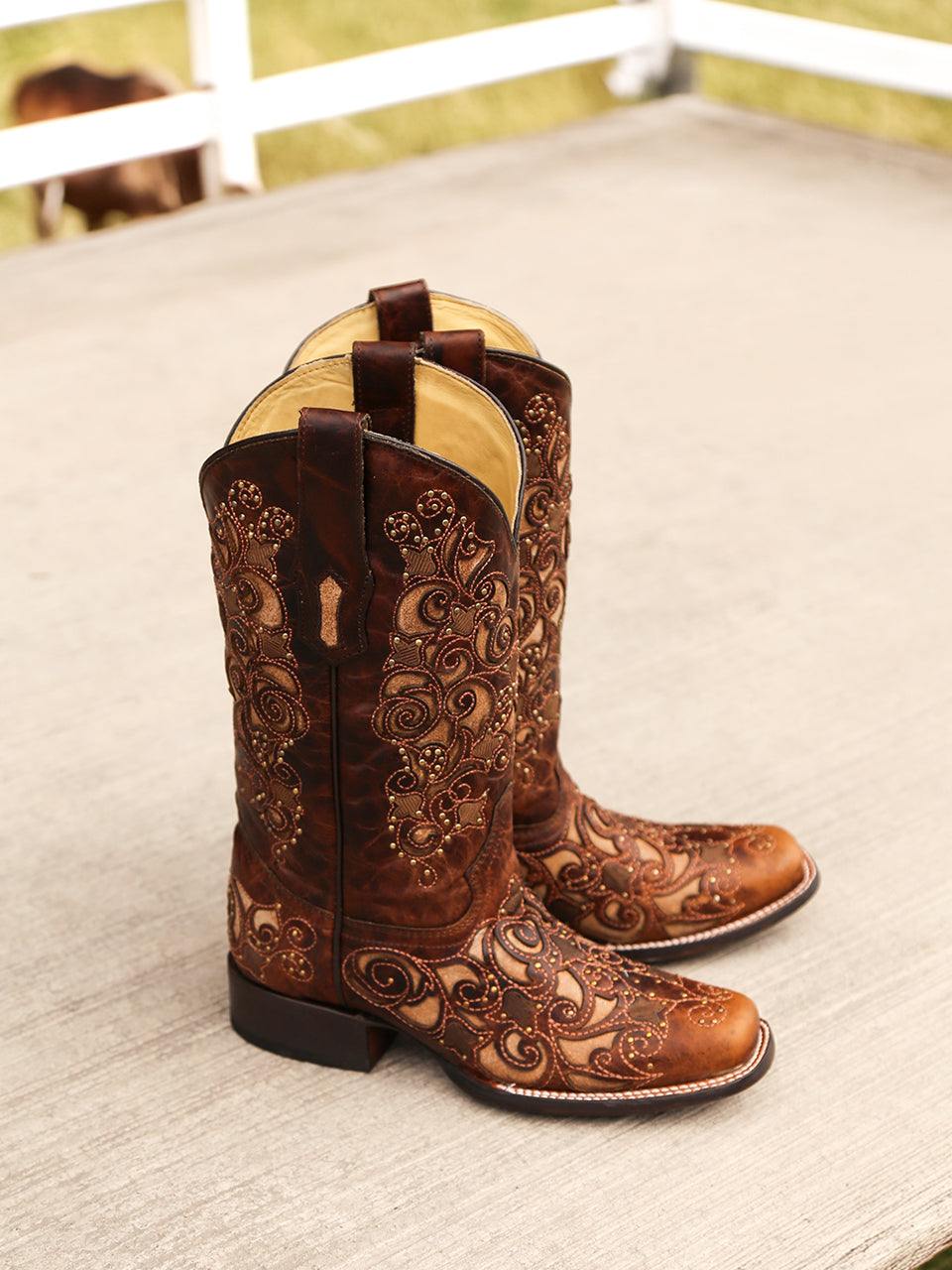 Women's Corral Brown Genuine Leather Boots with Inlay & Studs & Embroidery