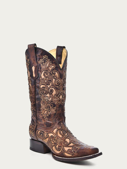 Women's Corral Brown Genuine Leather Boots with Inlay & Studs & Embroidery