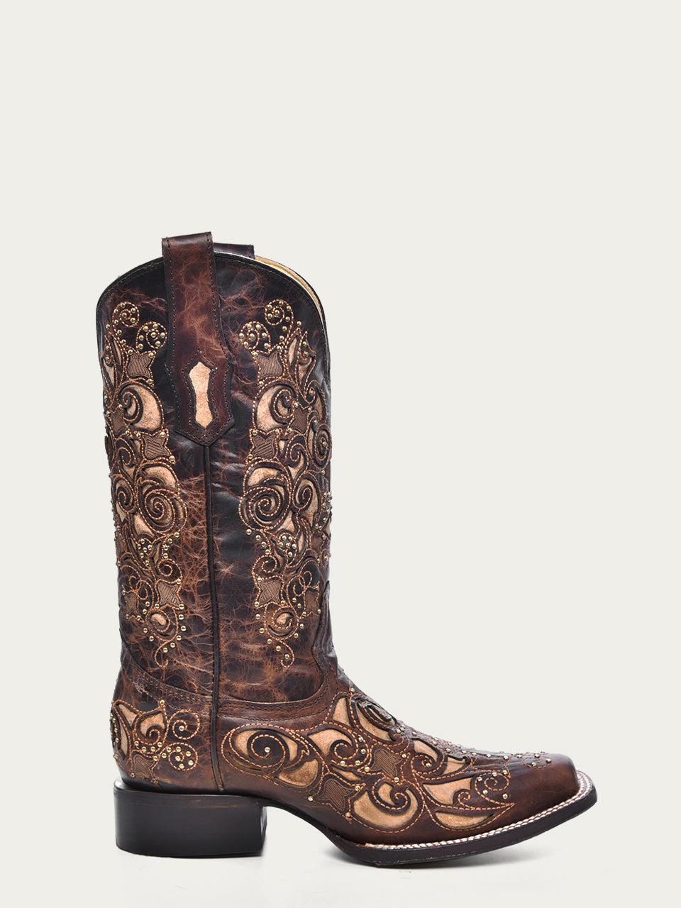 Women's Corral Brown Genuine Leather Boots with Inlay & Studs & Embroidery