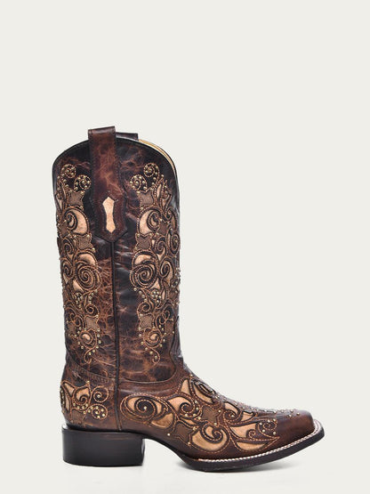 Women's Corral Brown Genuine Leather Boots with Inlay & Studs & Embroidery
