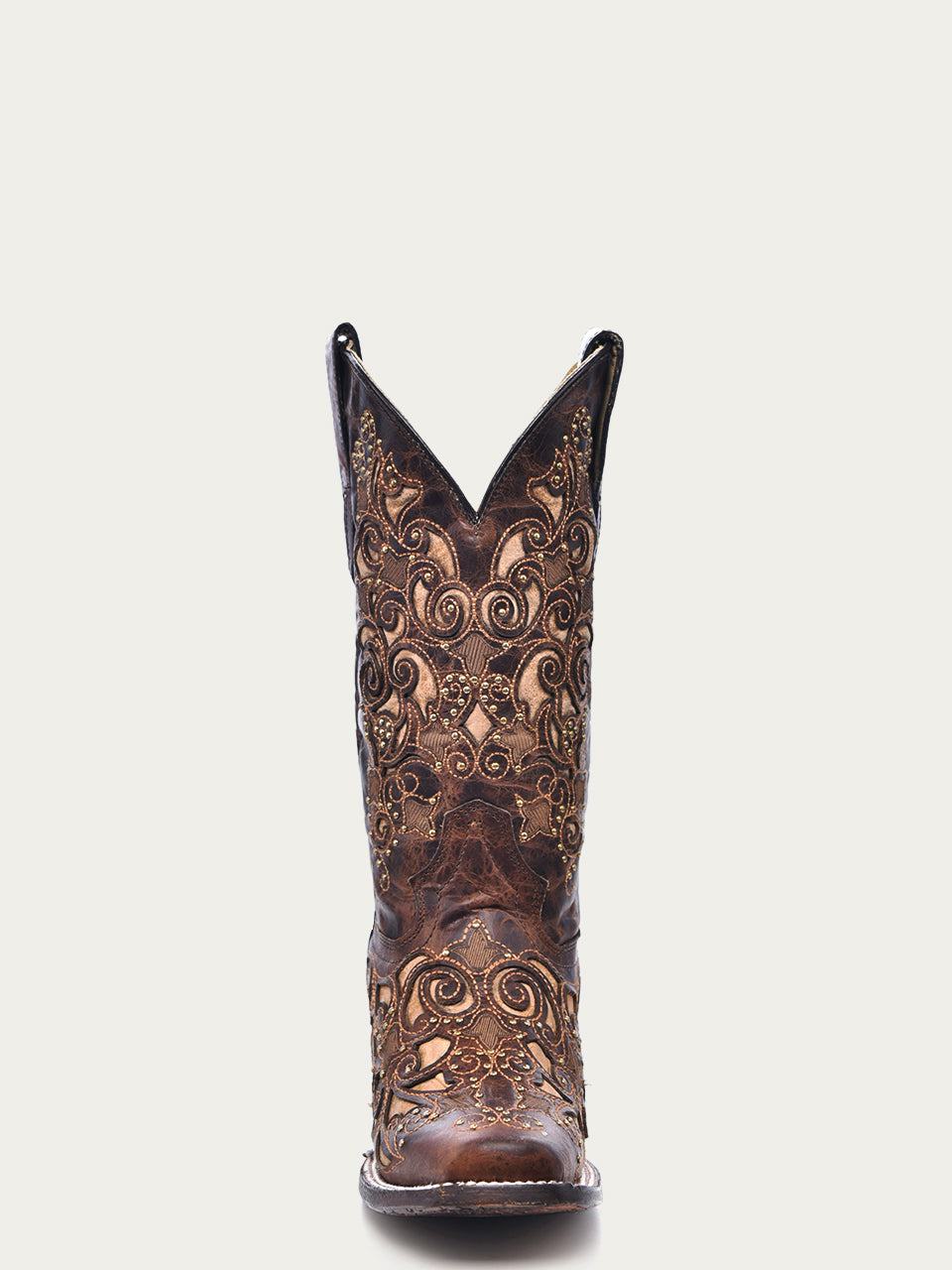 Women's Corral Brown Genuine Leather Boots with Inlay & Studs & Embroidery