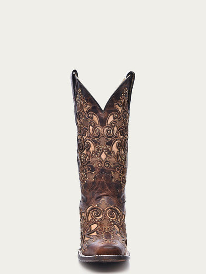 Women's Corral Brown Genuine Leather Boots with Inlay & Studs & Embroidery
