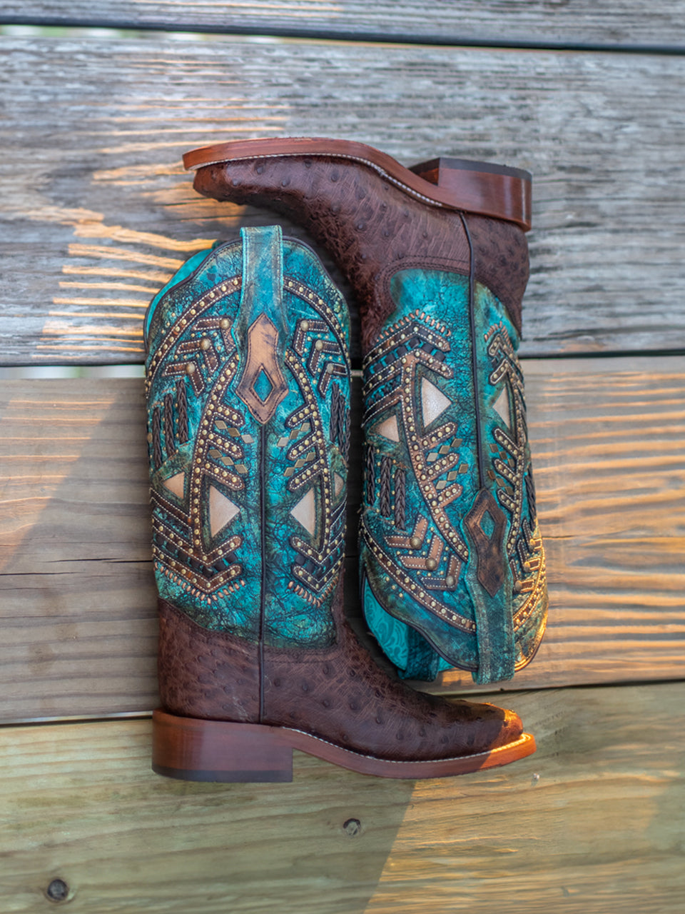 Women's Corral Brown Genuine Full Quill Ostrich Boots with Turquoise Overlay & Embroidery & Studs & Woven