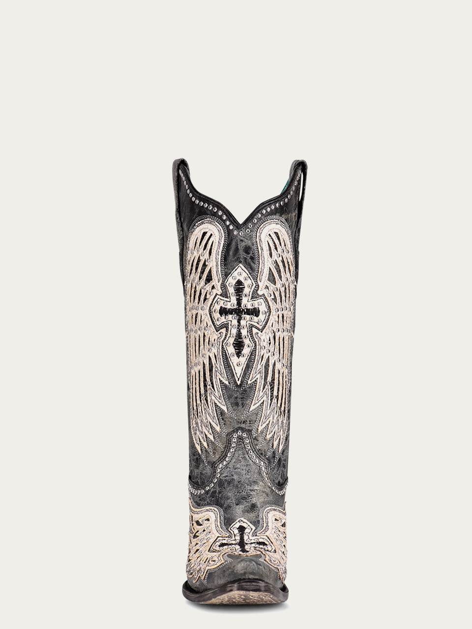 Women's Corral Black Genuine Leather Boots with Cross & Wings Overlay & Studs
