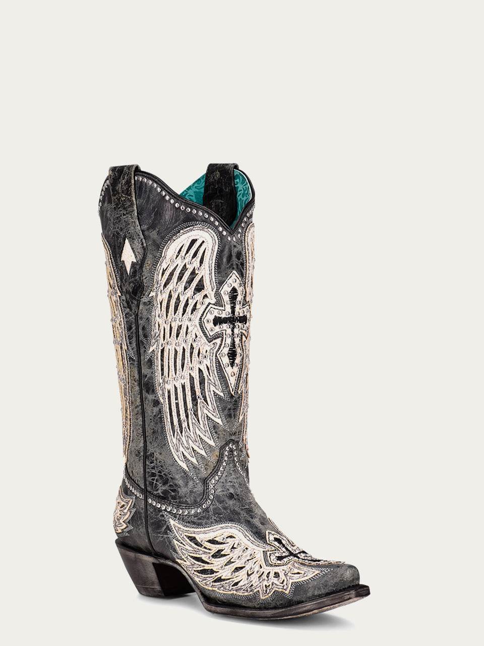 Women's Corral Black Genuine Leather Boots with Cross & Wings Overlay & Studs