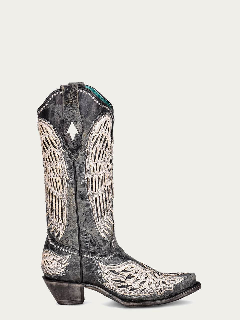 Women's Corral Black Genuine Leather Boots with Cross & Wings Overlay & Studs