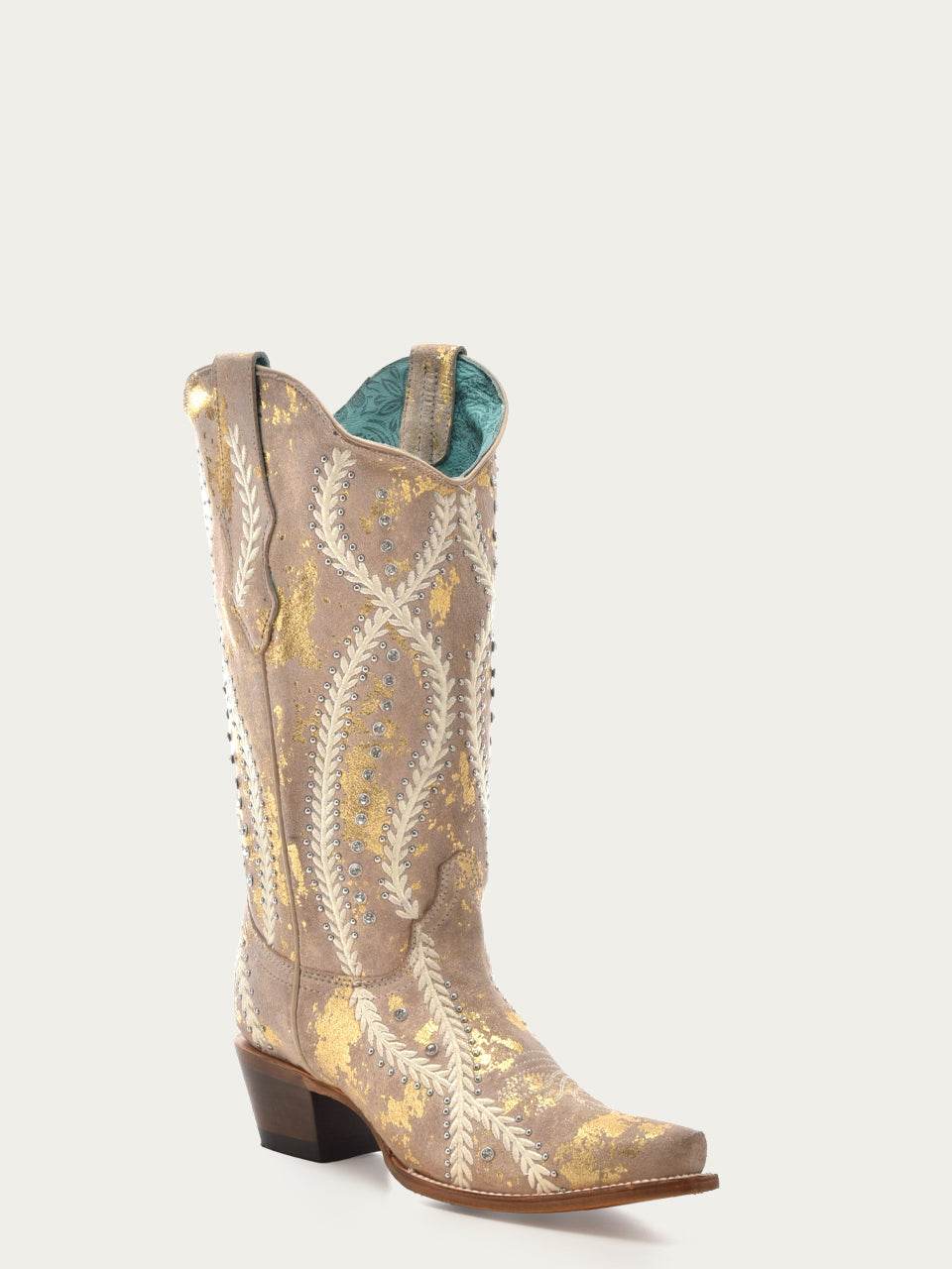 Women's Corral White Genuine Leather Boots with Golden Touches Embroidery & Crystals & Studs