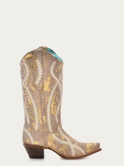 Women's Corral White Genuine Leather Boots with Golden Touches Embroidery & Crystals & Studs