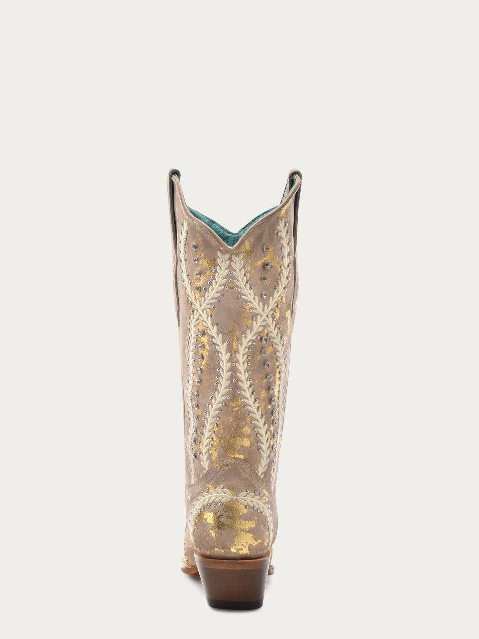 Women's Corral White Genuine Leather Boots with Golden Touches Embroidery & Crystals & Studs