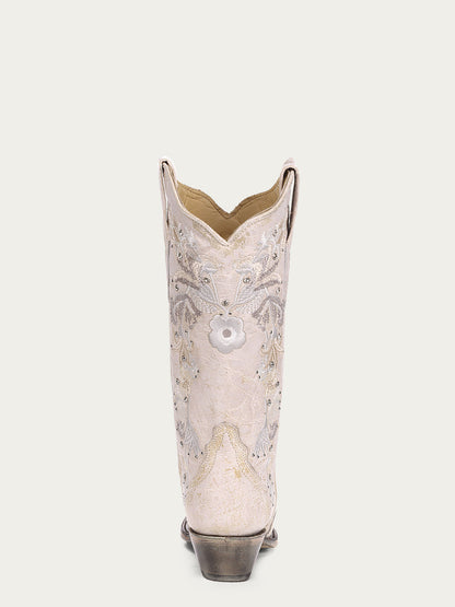 Women's Corral White Genuine Leather Boots with Floral Embroidery & Crystals