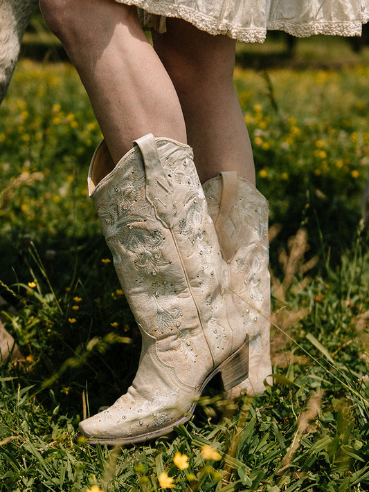 Women's Corral White Genuine Leather Boots with Floral Embroidery & Crystals