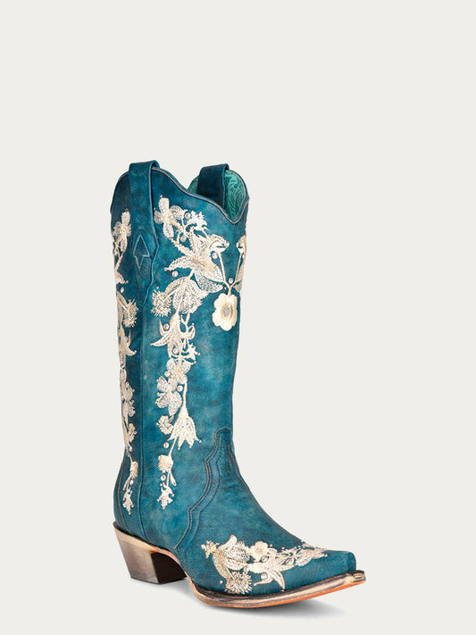 Women's Corral Navy Blue Genuine Leather Boots with Studs & Floral Embroidery & Crystals