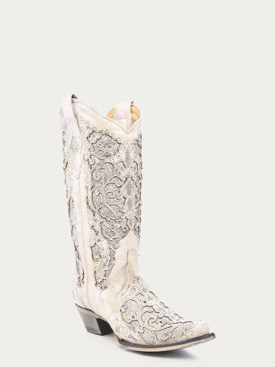Women's Corral White Genuine Leather Boots with Glittered Inlay and Crystals