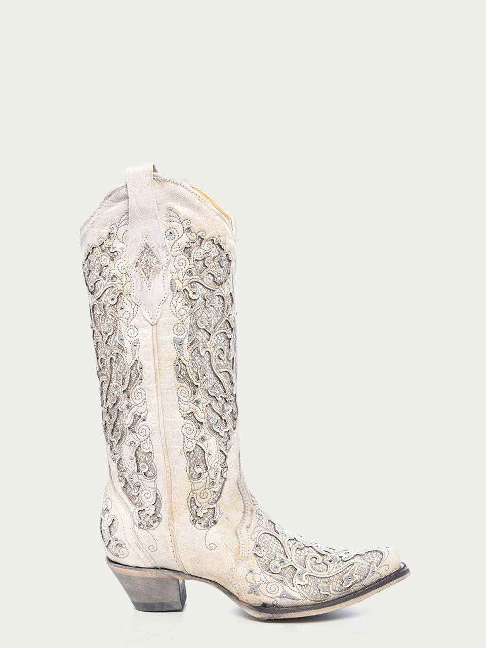 Women's Corral White Genuine Leather Boots with Glittered Inlay and Crystals