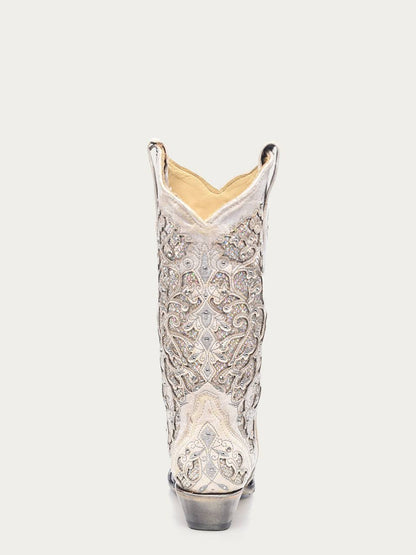 Women's Corral White Genuine Leather Boots with Glittered Inlay and Crystals