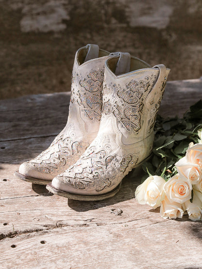 Women's Corral White Boots with Glitter Inlay & Crystals