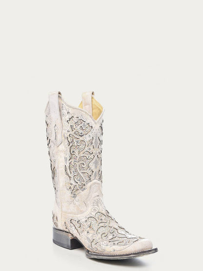 Women's Corral White Genuine Leather Boots with Glitter Inlay & Crystals