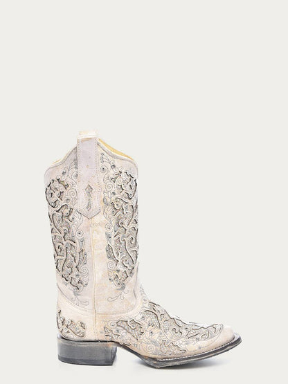Women's Corral White Genuine Leather Boots with Glitter Inlay & Crystals