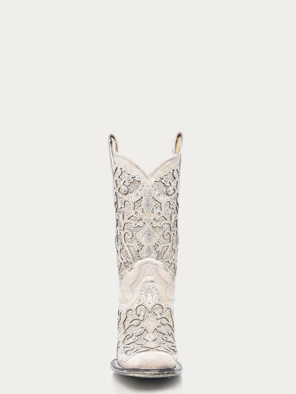 Women's Corral White Genuine Leather Boots with Glitter Inlay & Crystals