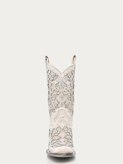 Women's Corral White Genuine Leather Boots with Glitter Inlay & Crystals