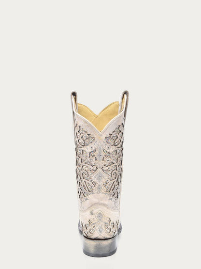 Women's Corral White Genuine Leather Boots with Glitter Inlay & Crystals