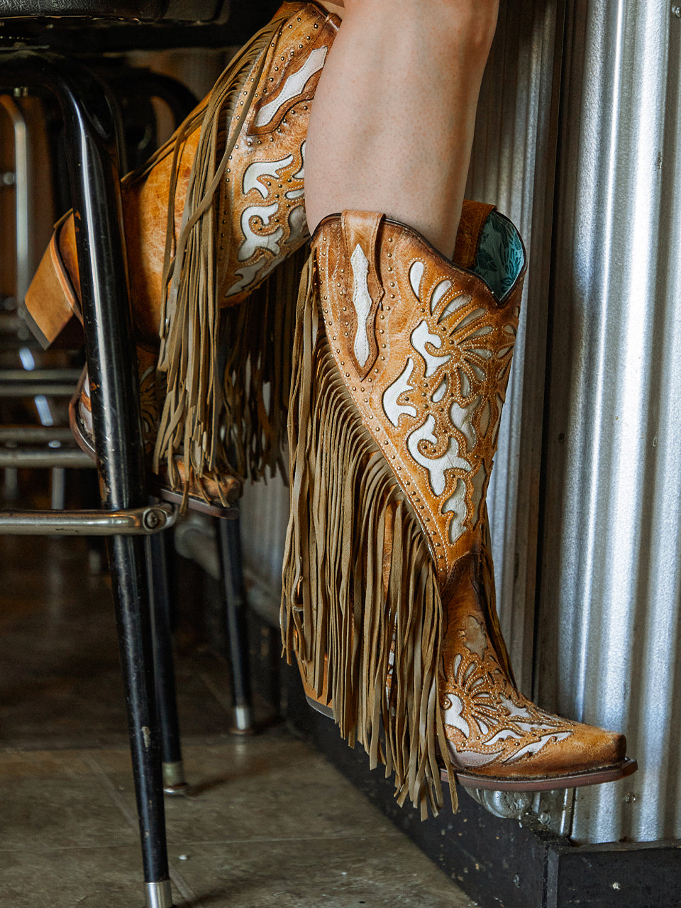 Women's Corral Saddle Genuine Lamb Leather Boots with Inlay & Embroidery & Studs & Fringes