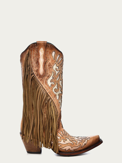 Women's Corral Saddle Genuine Lamb Leather Boots with Inlay & Embroidery & Studs & Fringes