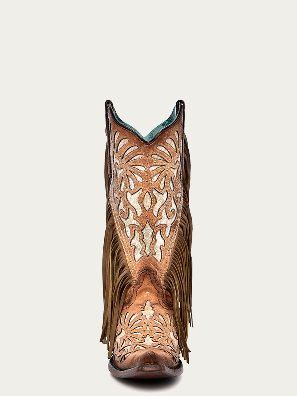 Women's Corral Saddle Genuine Lamb Leather Boots with Inlay & Embroidery & Studs & Fringes
