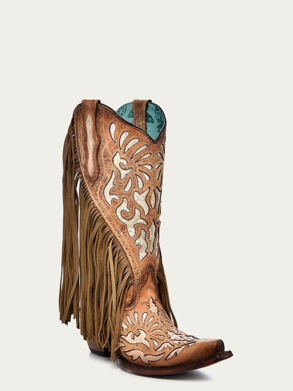 Women's Corral Saddle Genuine Lamb Leather Boots with Inlay & Embroidery & Studs & Fringes