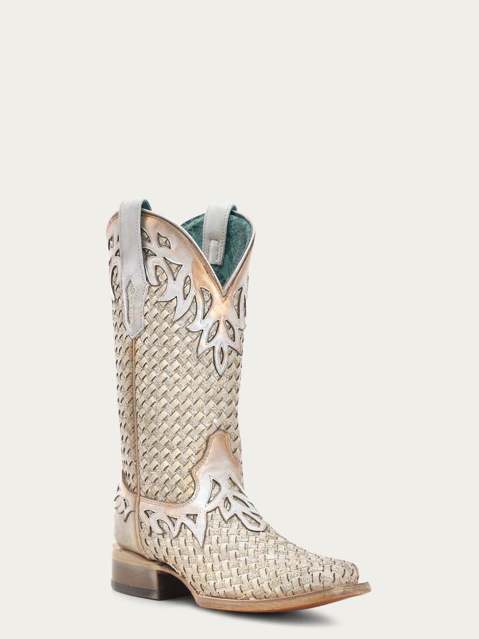 Women's Corral White Genuine Leather Boots with Glitter Woven & Overlay