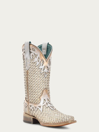 Women's Corral White Genuine Leather Boots with Glitter Woven & Overlay