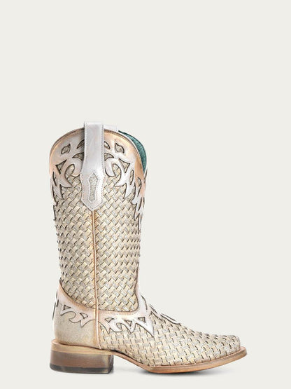 Women's Corral White Genuine Leather Boots with Glitter Woven & Overlay