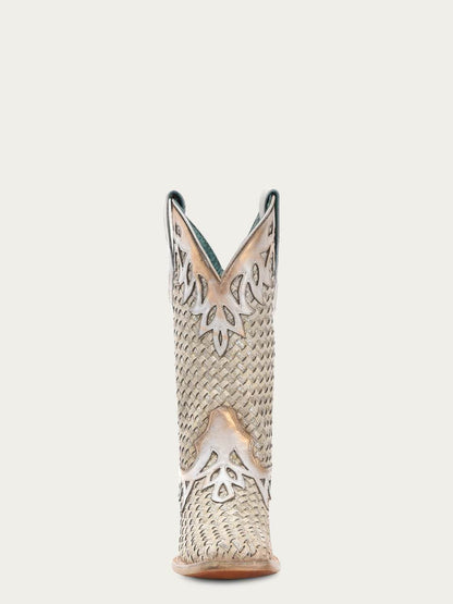 Women's Corral White Genuine Leather Boots with Glitter Woven & Overlay