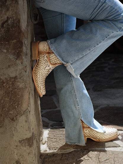 Women's Corral White Genuine Leather Boots with Glitter Woven & Overlay