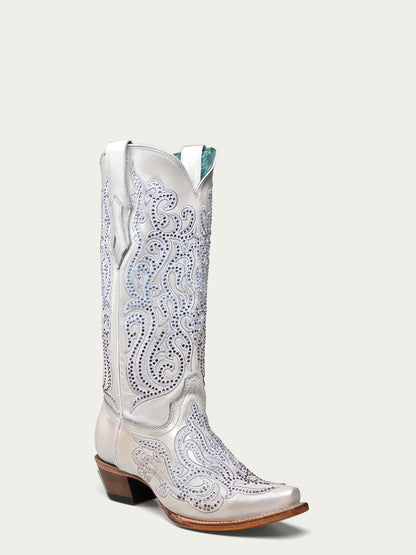 Women's Corral White Genuine Leather Boots with Embroidery & Crystals